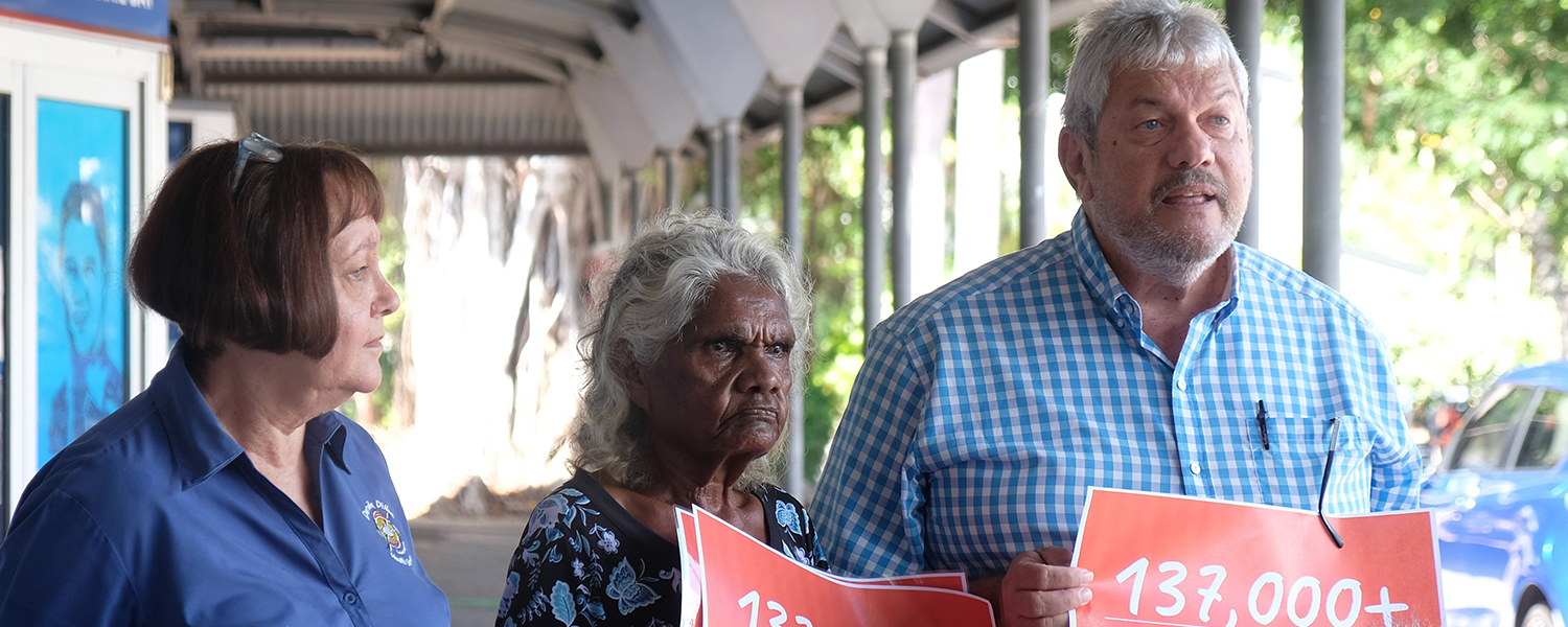 Olga Havnen, Helen Fejo-Frith and John Paterson delivering petition